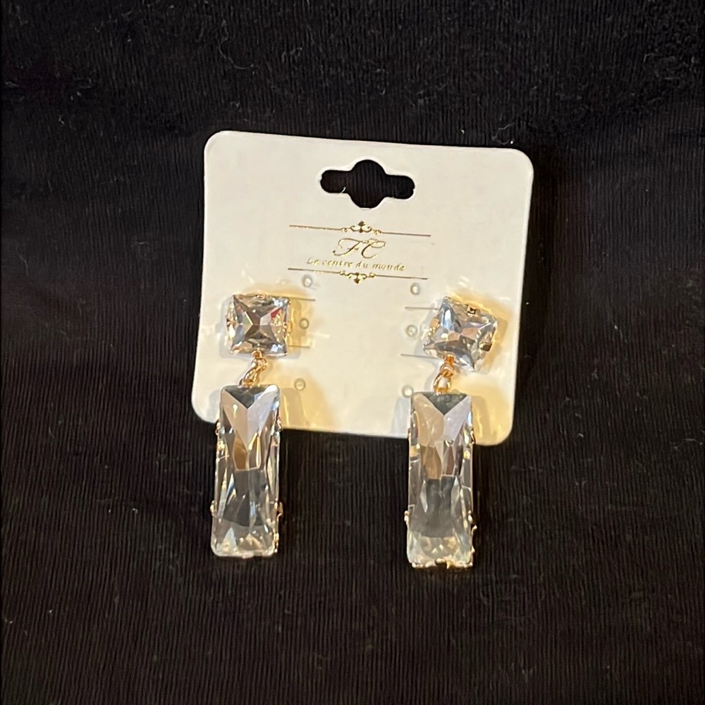 Le Centre du Monde Clear Crystal Rectangle Bar Dangle Earrings